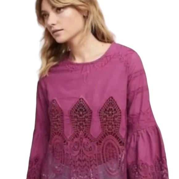 Anthropologie Chloe Oliver boho embroidered lace bell sleeve blouse size… - Picture 2 of 12
